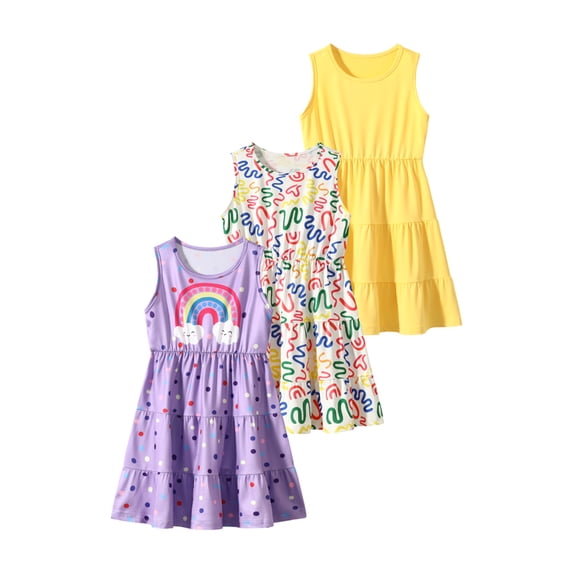 Fdqin Girls Dresses 3Pcs Floral Print Swing Sundress Sleeveless Cute Summer Midi Dresses Casual Kids Tank Dresses Purple Colorful Yellow 9-10 Years