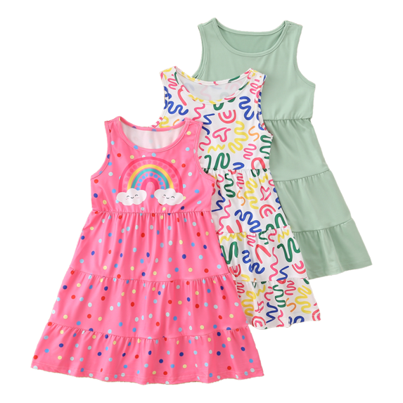 Fdqin Girls Dresses 3Pcs Floral Print Swing Sundress Sleeveless Cute Summer Midi Dresses Casual Kids Tank Dresses Red Colorful Green 11-12 Years