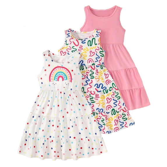 Fdqin 3 Pack Girls Sleeveless Swing Sundresses Summer Midi Tank Dress Set, White Colorful Pink, 4-5 Years