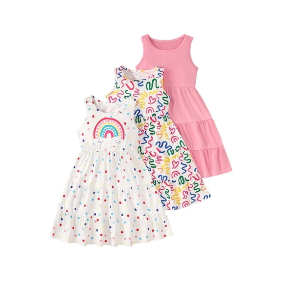 Fdqin Girls Dresses 3Pcs Floral Print Swing Sundress Sleeveless Cute Summer Midi Dresses Casual Kids Tank Dresses White Colorful Pink 4-5 Years