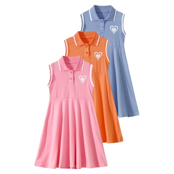 Fdqin Girls Dresses 3Pcs Sleeveless Button Down Swing Sundress Cute Summer Midi Dresses Casual Kids A-line Dress Pink Blue Orange 7-8 Years