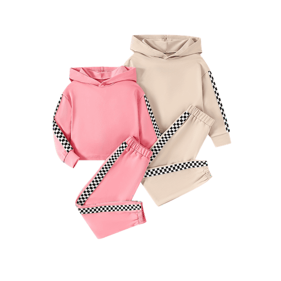 Fdqin Girls Fall Outfits 4 Pcs Hoodies for Teen Girls Long Sleeve Crop Sweatshirt Top and Jogging Sweat Pants Set Pink Beige 9-10 Years