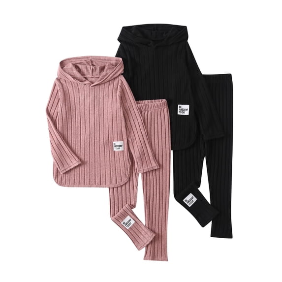 Fdqin Girls Fall Outfits 4Pcs Ribbed Knit Hooded Clothes Set Pullover Long Sleeve Sweatshirt and Sweatpants Pink Black 7-8 Years