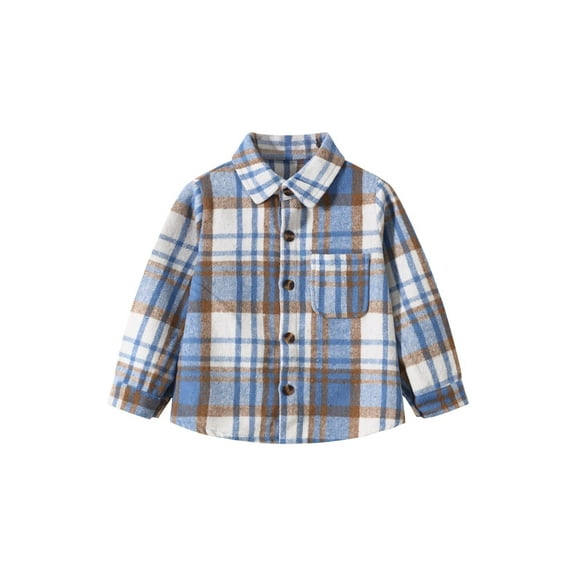 Fdqin Girls Flannel Shirts Plaid Button Down Jacket Cute Long Sleeve Fleece Fall Winter Shacket with Pocket Blue 9-10 Years