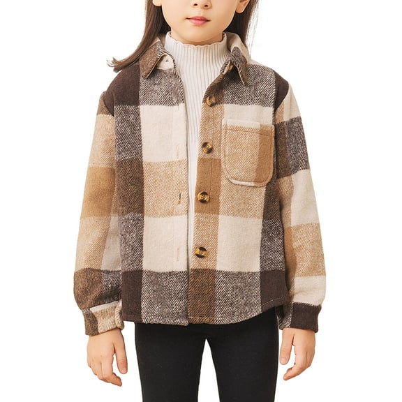 Fdqin Girls Flannel Shirts Plaid Button Down Jacket Cute Long Sleeve Fleece Fall Winter Shacket with Pocket Brown 13-14 Years