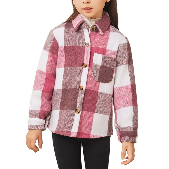 Fdqin Girls Flannel Shirts Plaid Button Down Jacket Cute Long Sleeve Fleece Fall Winter Shacket with Pocket Pink 11-12 Years