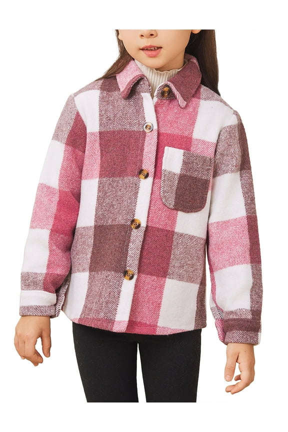 Girls Flannel Shirts Plaid Button Down Jacket Cute Long Sleeve Fleece Fall Winter Shacket with Pocket Pink 7-8 Years