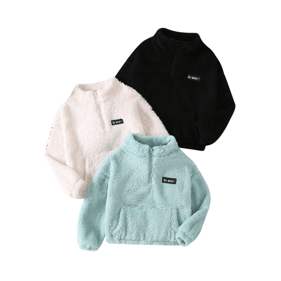 Fdqin Girls Fleece Jacket 3 Pcs Half Zip Up Fuzzy Sherpa Sweatshirts Cropped Warm Pullover Fall Winter Clothes Blue White Black 11-12 Years