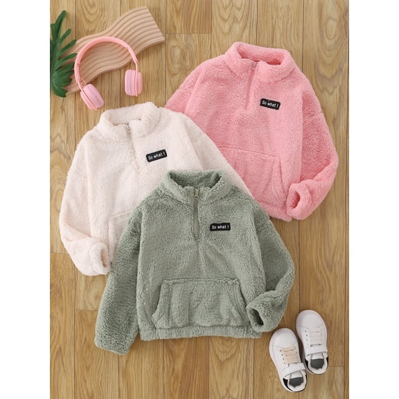 Fdqin Girls Fleece Jacket 3 Pcs Half Zip Up Fuzzy Sherpa Sweatshirts Cropped Warm Pullover Fall Winter Clothes Green White Pink 7-8 Years