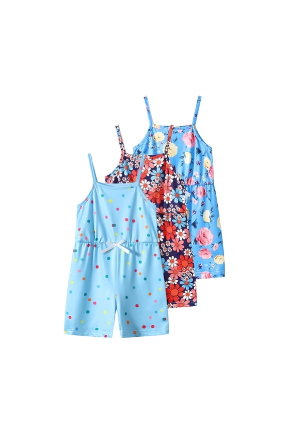 Girls Jumpsuit 3 Pcs Summer Floral Print Sleeveless Romper Shorts Elastic Waist Overalls Blue 5-6 Years