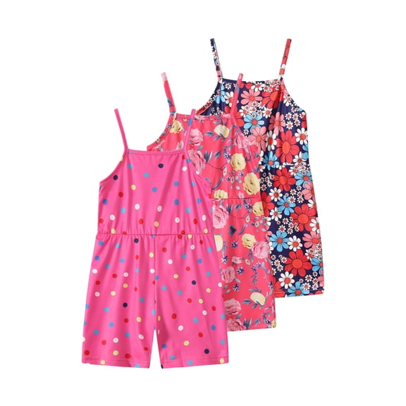 Fdqin Girls Jumpsuit 3 Pcs Summer Floral Print Sleeveless Romper Shorts Elastic Waist Overalls Red 5-6 Years