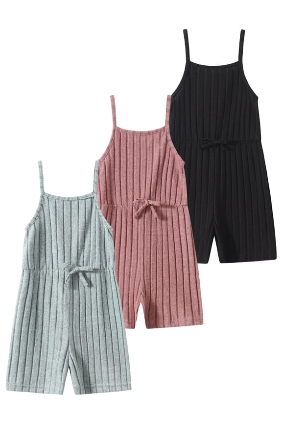 Girls Jumpsuit 3 Pcs Summer Knitted Sleeveless Romper Shorts Elastic Waist Overalls Green Pink Black 11-12 Years