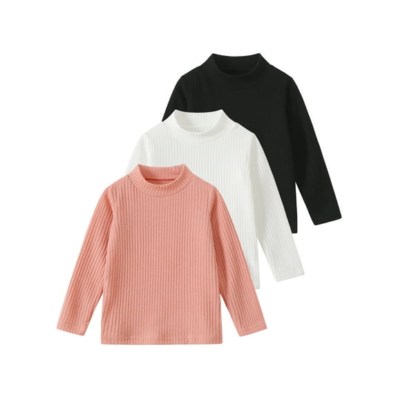 Fdqin Girls Long Sleeve Shirts 3 Pcs Mock Neck Solid Tops Kids Ribbed Knit Casual Trendy Shirt Fall Clothes Pink White Black 5-6 Years