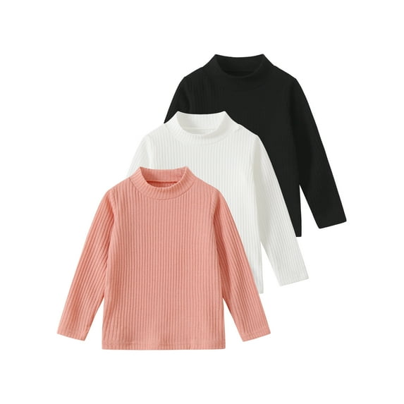 Fdqin Girls Long Sleeve Shirts 3 Pcs Mock Neck Solid Tops Kids Ribbed Knit Casual Trendy Shirt Fall Clothes Pink White Black 7-8 Years