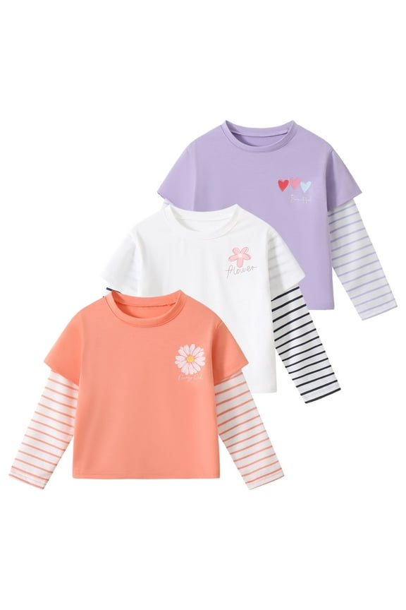 Girls Long Sleeve Shirts 3 Pcs Floral Print Cute Shirts Crew Neck Knit Tops Casual Daily Shirt Orange white purple 7-8 Years