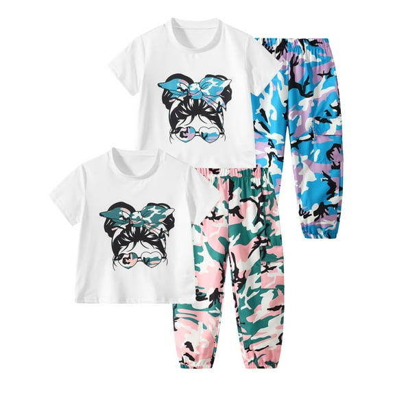 Fdqin Girls Outfits 4 Pcs Cartoon Printed Short Sleeve Tee Tops and Camouflage Jogging Pants Set Summer Clothing Green Blue 13-14 Years