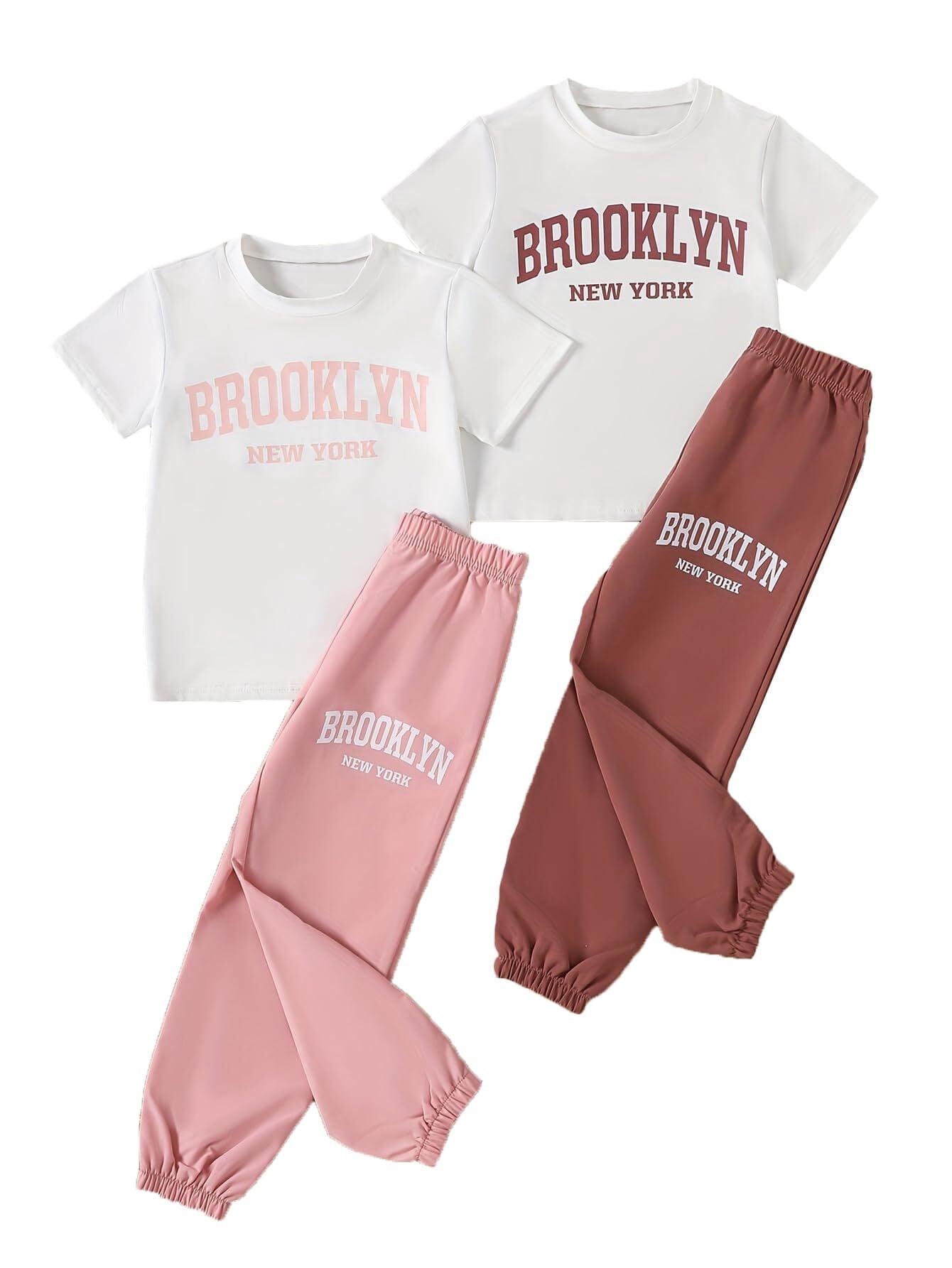 Girls Outfits 4 Pcs Letter Printed Short Sleeve Tee Tops and Jogging Pants Set Summer Clothing Pink Brown 11-12 Years