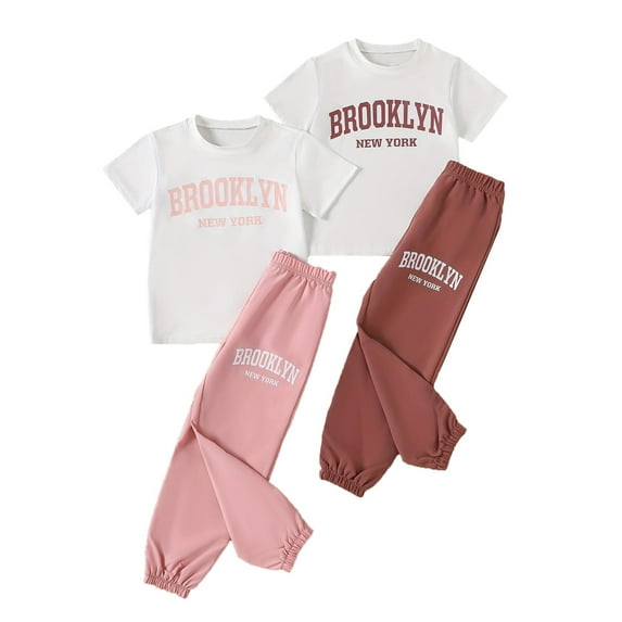 Fdqin Girls Outfits 4 Pcs Letter Printed Short Sleeve Tee Tops and Jogging Pants Set Summer Clothing Pink Brown 11-12 Years
