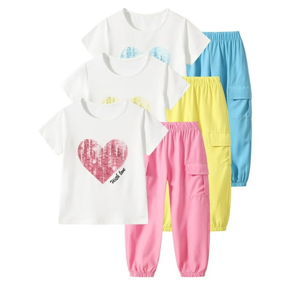 Fdqin Girls Outfits 6 Pcs Heart Printed Short Sleeve Tee Tops and Jogging Pants Set Summer Clothing Pink Yellow Blue 11-12 Years