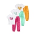 thumbnail image 1 of Fdqin Girls Outfits 6 Pcs Heart Printed Short Sleeve Tee Tops and Jogging Pants Set Summer Clothing Red Green Yellow 9-10 Years, 1 of 7