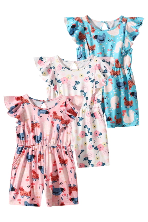 Girls Rompers 3 Pcs Floral Print Ruffle Sleeveless Cute Overall Causal Elastic Waist Summer Jumpsuits Pink White Blue 5-6 Years