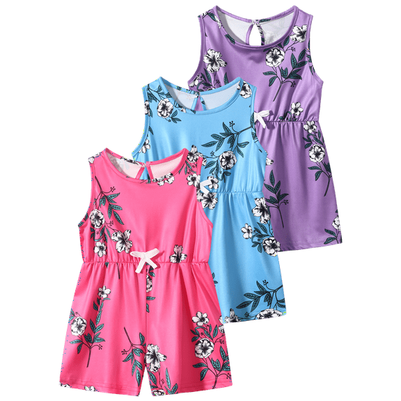 Fdqin Girls Rompers 3 Pcs Floral Print Sleeveless Cute Overall Causal Elastic Waist Summer Jumpsuits Purple Hot Pink Blue 5-6 Years