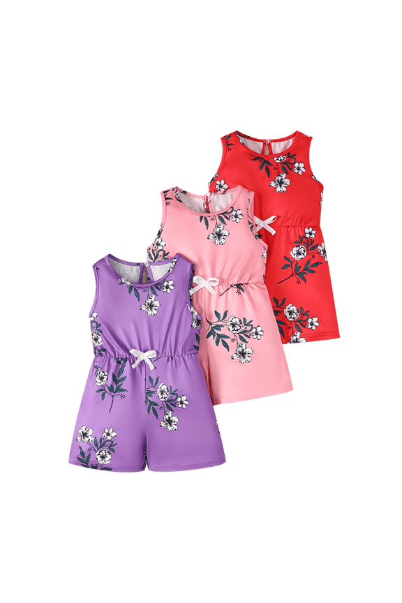 Girls Rompers 3 Pcs Floral Print Sleeveless Cute Overall Causal Elastic Waist Summer Jumpsuits Purple Pink Red 4-5 Years