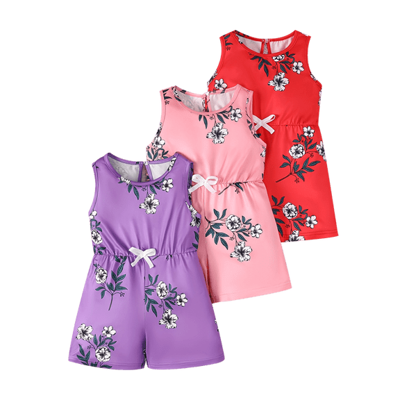 Fdqin Girls Rompers 3 Pcs Floral Print Sleeveless Cute Overall Causal Elastic Waist Summer Jumpsuits Purple Pink Red 4-5 Years