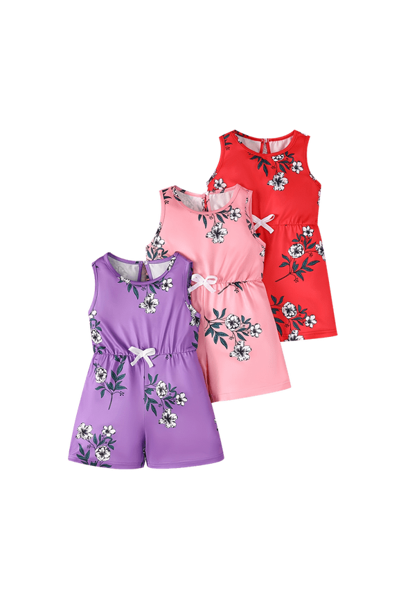 Girls Rompers 3 Pcs Floral Print Sleeveless Cute Overall Causal Elastic Waist Summer Jumpsuits Purple Pink Red 7-8 Years