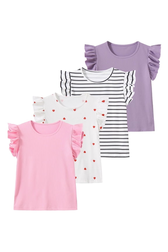 Girls Shirts 4 Pcs Ruffle Sleeveless Summer Tunic Tops Ribbed Knit Solid Color Casual Blouses Pink White Striped Purple 3-4 Years