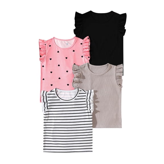 Fdqin Girls Shirts 4 Pcs Ruffle Sleeveless Summer Tunic Tops Ribbed Knit Solid Color Casual Blouses Striped Khaki Pink Black 3-4 Years