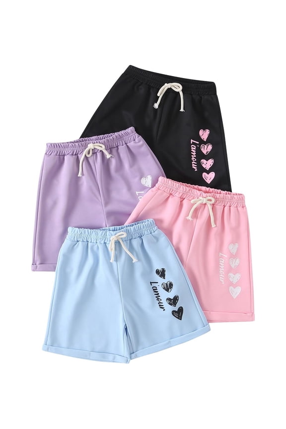 Girls Shorts 4 Pcs Heart Print Athletic Kids Workout Short Beach Summer Vacation Pants Pink Purple Blue Black 4-5 Years