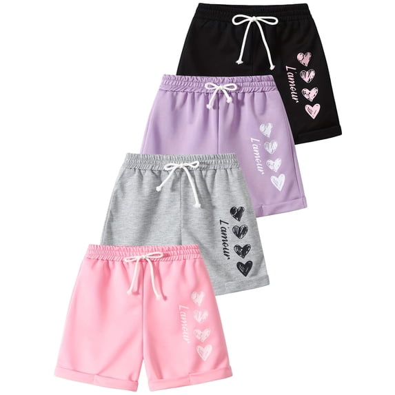 Fdqin Girls Shorts 4 Pcs Heart Print Athletic Kids Workout Short Beach Summer Vacation Pants Pink Purple Grey Black 4-5 Years