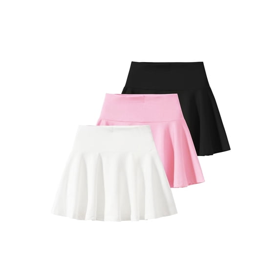 Fdqin Girls Skirts 3pcs Elastic High Waisted Tennis Skirts Kids Athletic Running Flowy Mini Skirt Pink White Black 7-8 Years