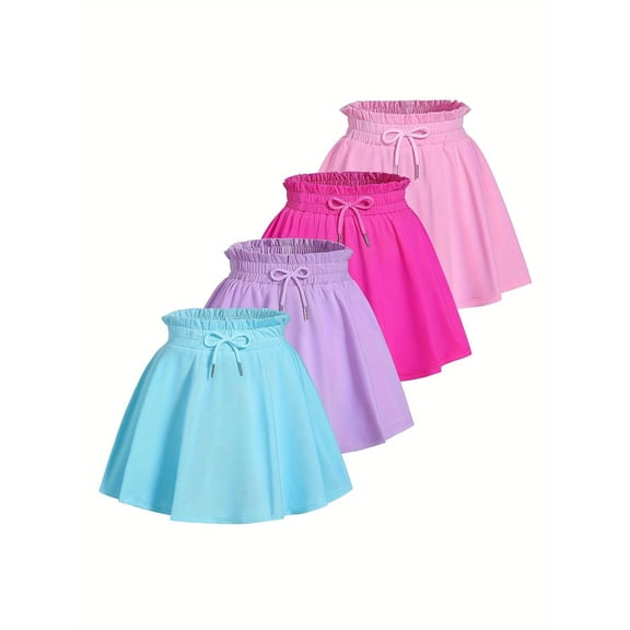 Fdqin Girls Skirts 4pcs Tennis Skirt with Short Elastic High Waisted Kids Athletic Running Flowy Skorts Blue Purple Red Pink 13-14 Years