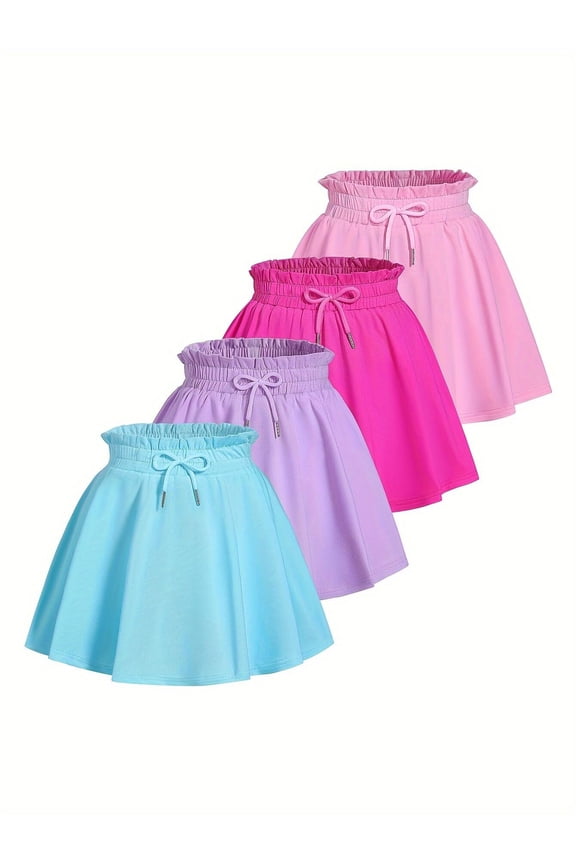 Girls Skirts 4pcs Tennis Skirt with Short Elastic High Waisted Kids Athletic Running Flowy Skorts Blue Purple Red Pink 9-10 Years