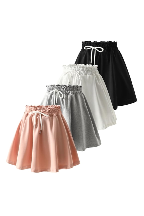 Girls Skirts 4pcs Tennis Skirt with Short Elastic High Waisted Kids Athletic Running Flowy Skorts Khaki Grey White Black 9-10 Years
