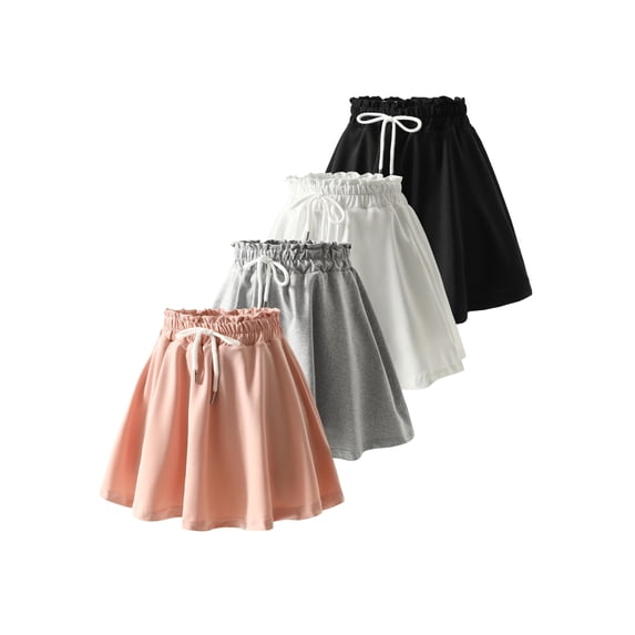 Fdqin Girls Skirts 4pcs Tennis Skirt with Short Elastic High Waisted Kids Athletic Running Flowy Skorts Khaki Grey White Black 9-10 Years