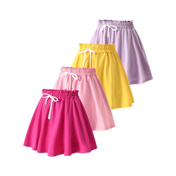 Fdqin Girls Skirts 4pcs Tennis Skirt with Short Elastic High Waisted Kids Athletic Running Flowy Skorts Yellow Purple Red Pink 4-5 Years