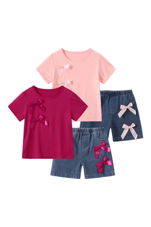 Girls Summer Clothes 4 Pcs Cute Sweet Bowknot Print Casual Short Sleeve Tee Tops and Denim Shorts Set Pink Red 4-5 Years