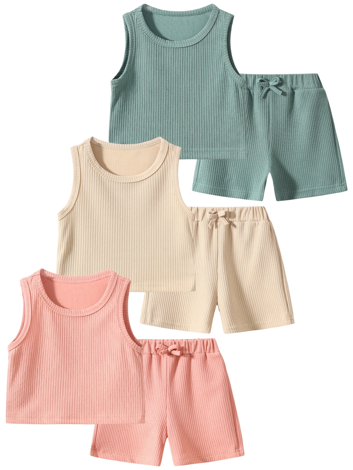 Girls Summer Clothes 6 Pcs Sleeveless Tank Top and Shorts Beach Sets Casual Summer Outfits for Kid Green Pink Khaki 3-4 Years