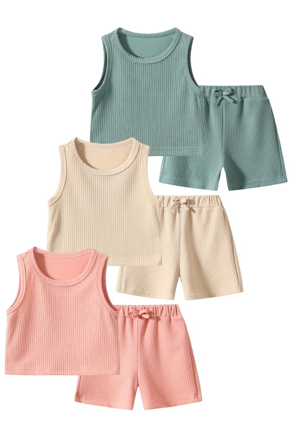 Girls Summer Clothes 6 Pcs Sleeveless Tank Top and Shorts Beach Sets Casual Summer Outfits for Kid Green Pink Khaki 4-5 Years