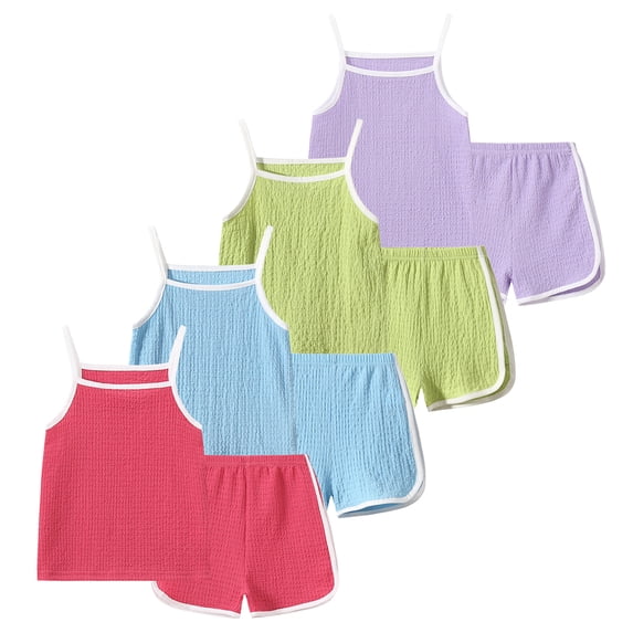 Fdqin Girls Summer Clothes 8 Pcs Cami Tank Top and Shorts Beach Sets Casual Summer Outfits for Kid Purple Green Red Blue 8 Years