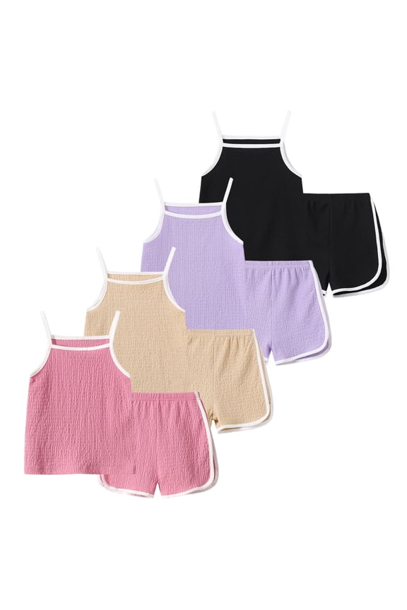 Girls Summer Clothes 8 Pcs Cami Tank Top and Shorts Beach Sets Casual Summer Outfits for Kid Purple Pink Beige Black 5 Years