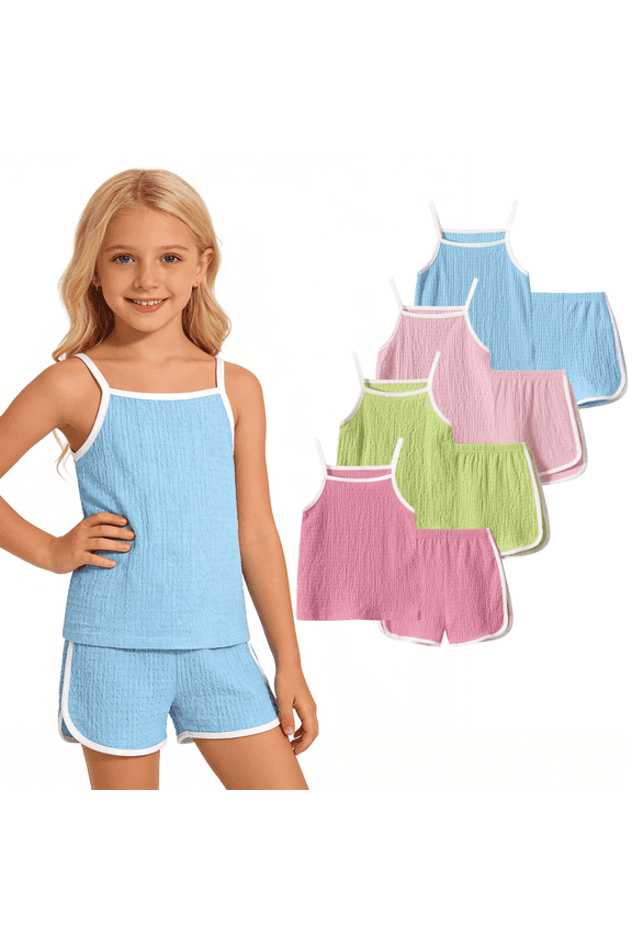 Girls Summer Clothes 8 Pcs Cami Tank Top and Shorts Beach Sets Casual Summer Outfits for Kid Red Green Pink Blue 5 Years
