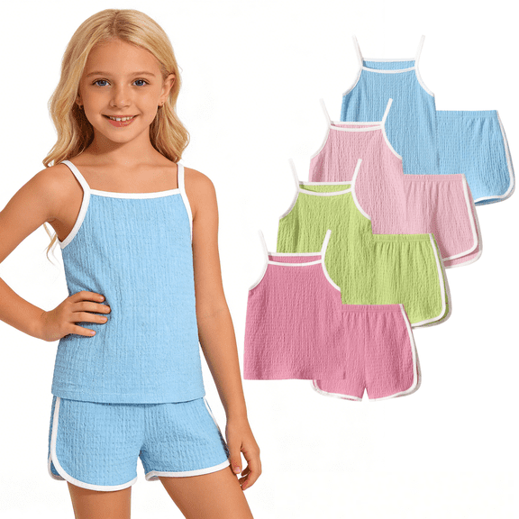 Fdqin Girls Summer Clothes 8 Pcs Cami Tank Top and Shorts Beach Sets Casual Summer Outfits for Kid Red Green Pink Blue 7 Years