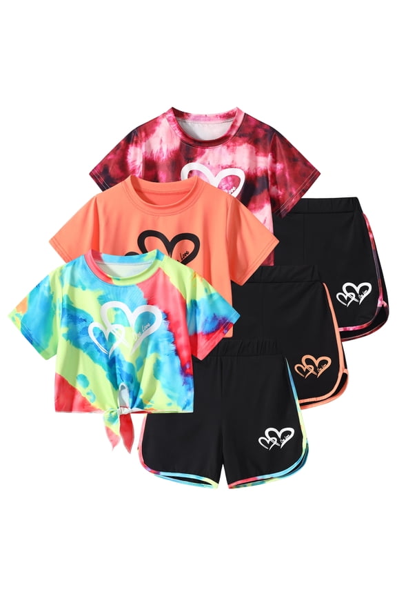 Girls Summer Outfits 6 Pcs Tie-dye Heart Print Casual Short Sleeve Tee Tops and Dolphin Shorts Set Blue Orange red 11-12 Years