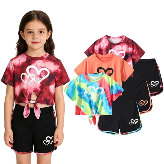 Fdqin Girls Summer Outfits 6 Pcs Tie-dye Heart Print Casual Short Sleeve Tee Tops and Dolphin Shorts Set Blue Orange red 4-5 Years