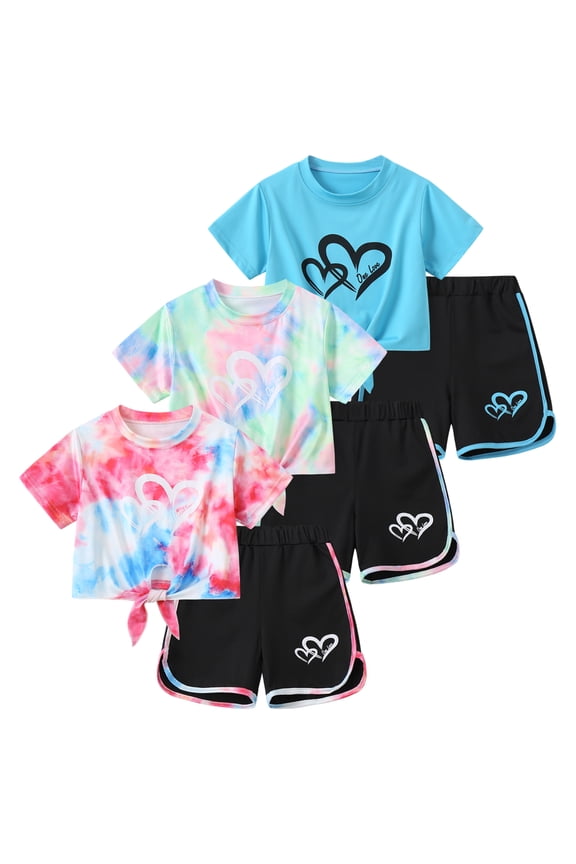 Girls Summer Outfits 6 Pcs Tie-dye Heart Print Casual Short Sleeve Tee Tops and Dolphin Shorts Set Red Colorful Blue Red 11-12 Years