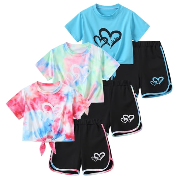 Fdqin Girls Summer Outfits 6 Pcs Tie-dye Heart Print Casual Short Sleeve Tee Tops and Dolphin Shorts Set Red Colorful Blue Red 4-5 Years